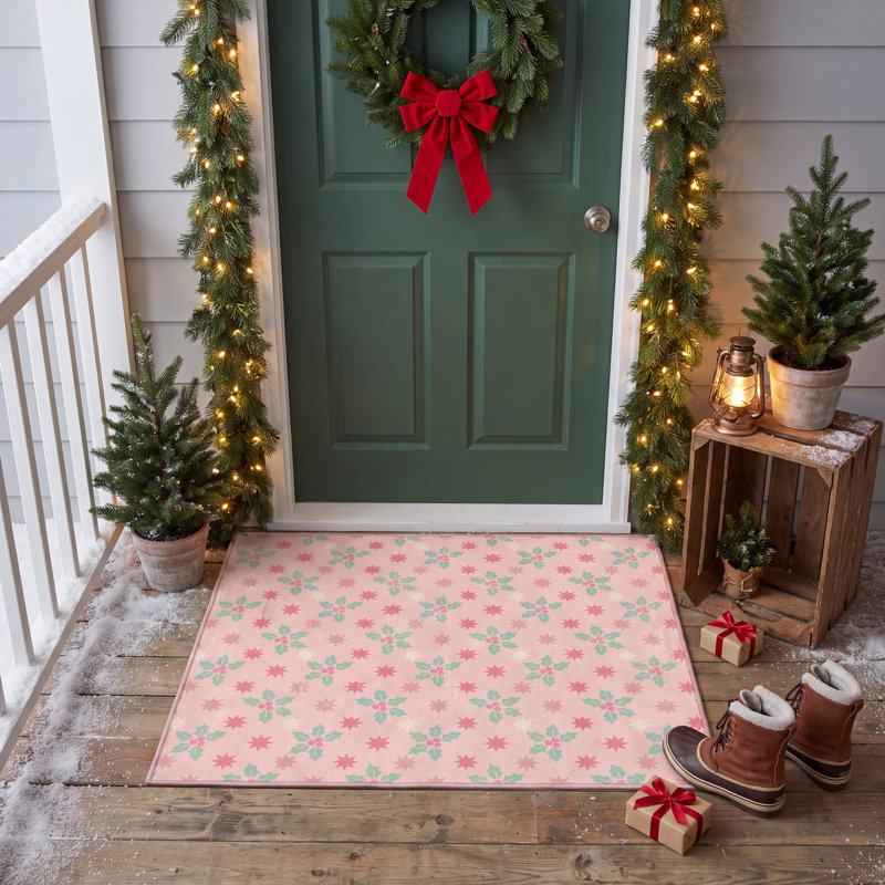 Tapis de Noël Amasya de style vintage crème et rose, antidérapant, à poils courts, pour l'intérieur et l'extérieur, idéal pour les animaux de compagnie, salon, chambre, salle à manger, entrée, couloir, bureau, tapis de Noël, paillasson de fête, tapis saisonnier lavable