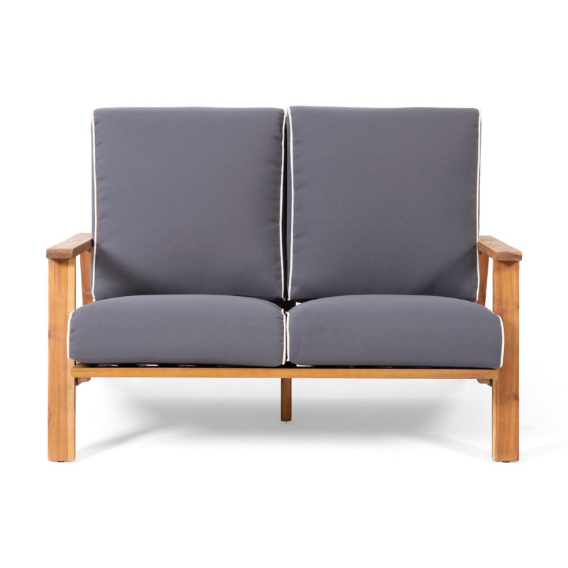Eddy 2Pc Patio Loveseat And Coffee Table Set, Brown Acacia Wood, Gray