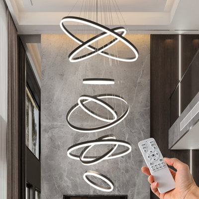 8-Rings Modern Led Chandelier Black Contemporary Dimmable Ceiling Pendant Light With Remote Control, Foyer High Ceiling Chandelier For Staircase Living Room Entryway