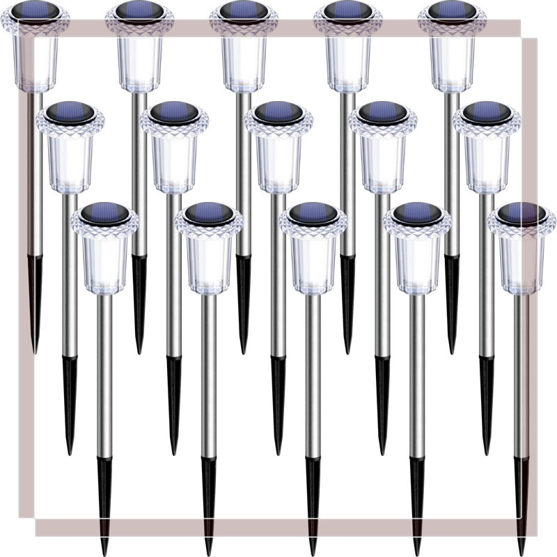 Paquet de 15 lumières solaires imperméables pour l'extérieur - DEL blanc chaud 3000K, tête de lampe en acrylique, piquet en acier inoxydable pour décor de patio