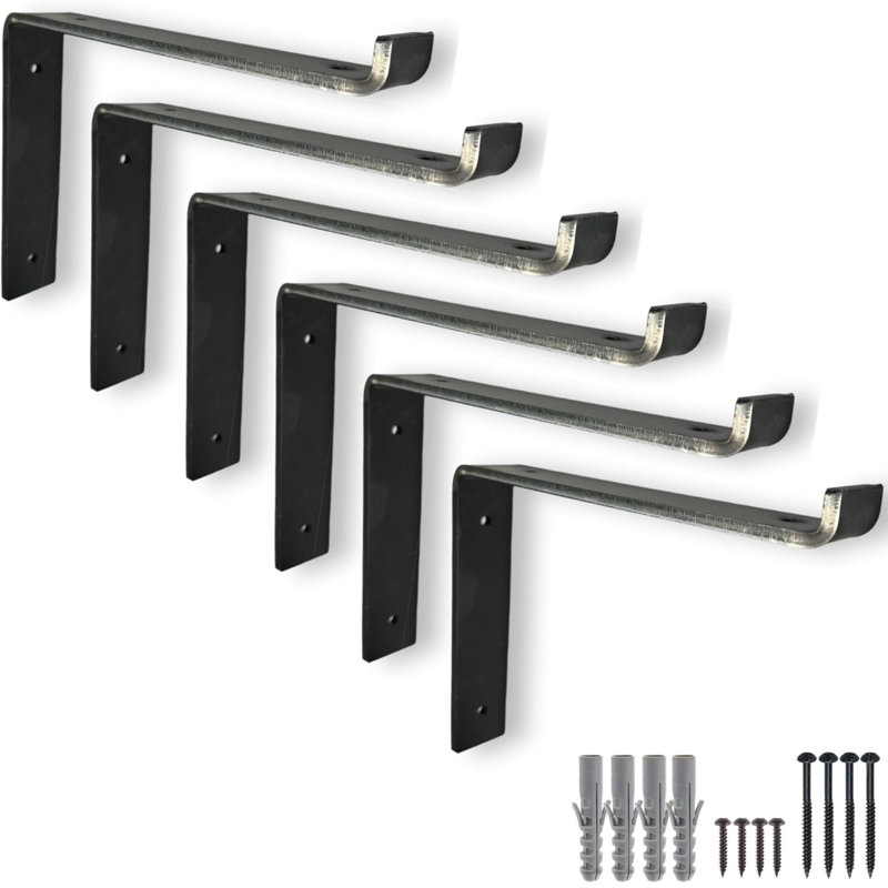 6 Pcs Heavy Duty Shelf Brackets For Scaffold Board Shelving - Shelves Support Industrial Rustic Style, Raw Steel-Down