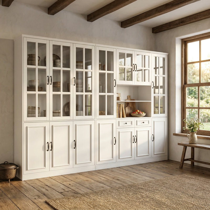 Brampt 78.7" H Multi-Section Pantry Cabinet with Glass Display Doors, Drawers & Closed Storage – White Finish