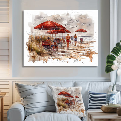 «Vibrant Beach Scene In The 1950S I» - Décoration murale nautique en métal, impression sur métal plage