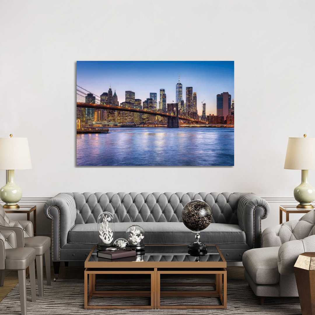 Brooklyn Bridge And Manhattan Skyline At Dusk by Jan Becke - Wrapped Canvas Print