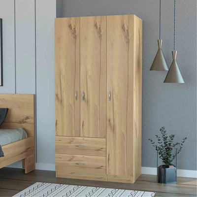 Armoire trois portes, deux tiroirs, tringle
