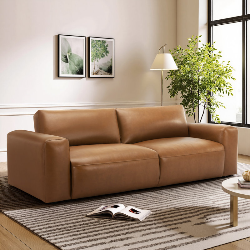 Benthe 95'' Modern Square Arm Leather Fatty Sofa Brown Down, Brown Performance Faux Leather