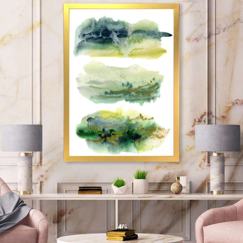 «Golden Green Abstract Clouds with Blue Points I», peinture sur toile encadrée, H 32 po x l 24 po x P 1 po