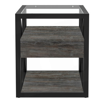 Set Of 2 Modern Nightstand With Drawer And Tempered Glass Top, Industrial Style Side Table by George Oliver