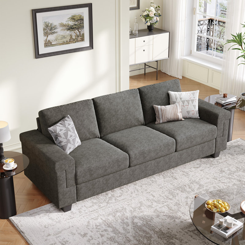 Canapé en polyester à accoudoirs carrés Dereon, Gris, H 32,7 po x l 90 po x P 35 po