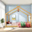 Charmants lits maison en bois massif pour enfants, style Montessori, finition naturelle