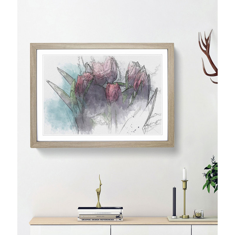 Bouquet of Red Tulips in Abstract - Picture Frame Painting Print, 27cm H x 36cm W x 2cm D, Oak Framed