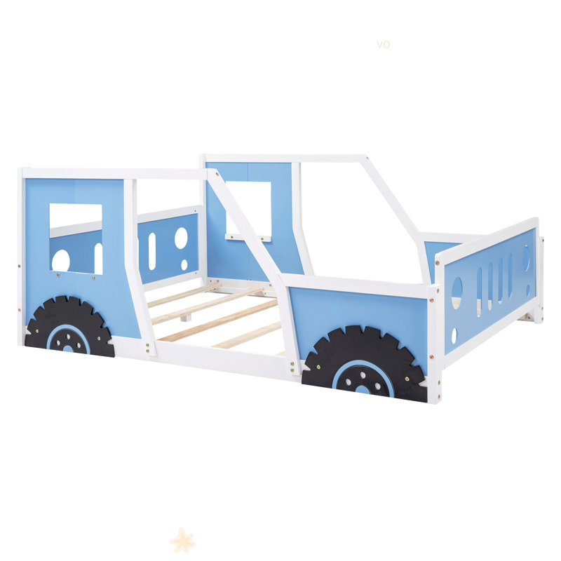 Full Size Classic Car-Shaped Platform Bed With Wheels, Blue