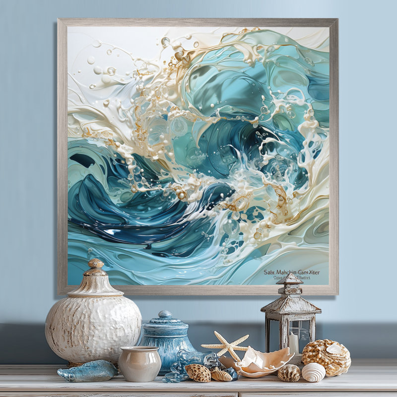 «Ocean Charm», art de vague liquide, H 16 po x l 16 po x P 1 po, Cadre argenté flottant