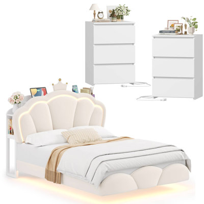 3-Piece Bedroom Sets, LED Headboard Floating BED With Storage Shelf And Charging Port, 2 3-Drawer Nightstands With Charging Port