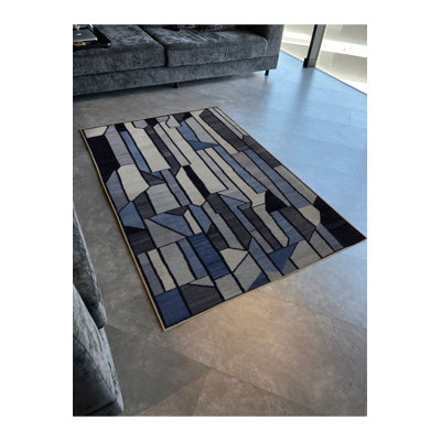 Tapis bleu et gris à motif géométrique mélangé lavable à la machine