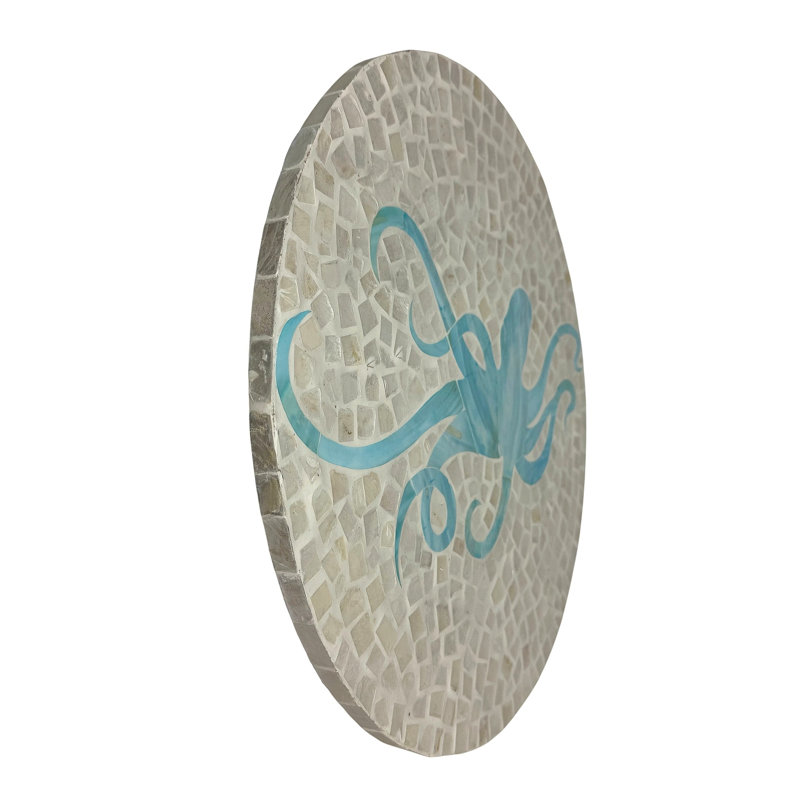 Plateau tournant en mosaïque de coquillages capiz bleu clair et blanc, motif pieuvre côtière, 40 cm de diamètre