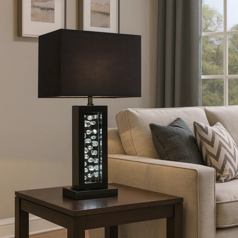 28 Inch Nickel Table Lamp, Black Fabric Shade, Glass Panel and LED Accents, Black, Black