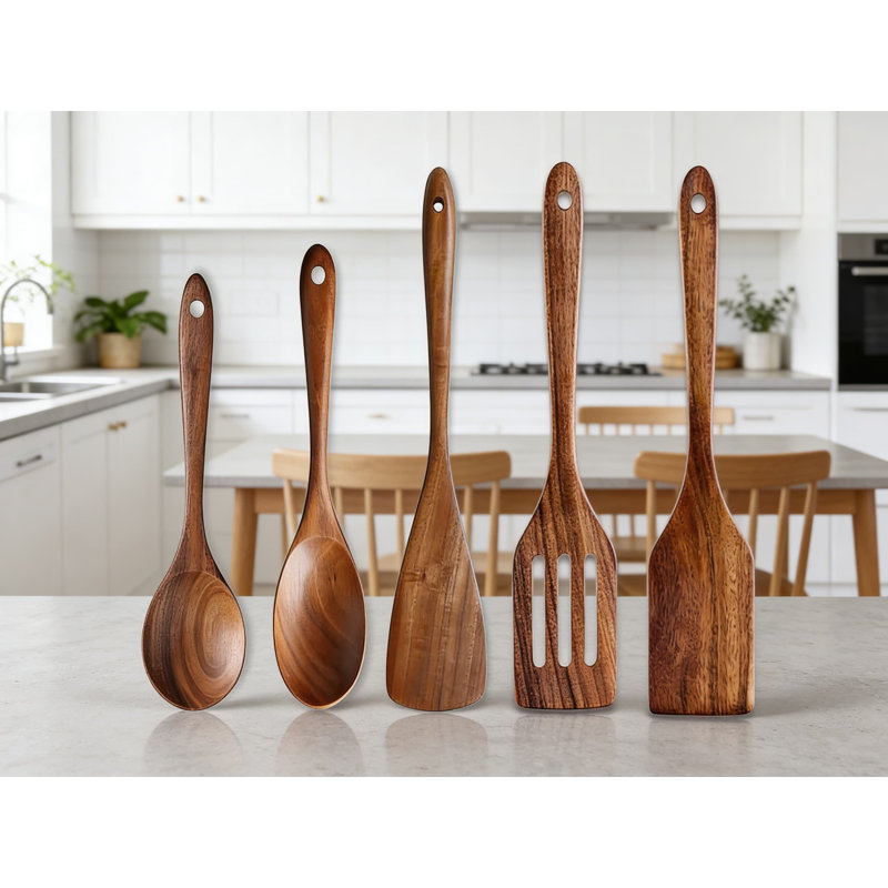 Ensemble d'ustensiles en bois d'acacia 5 pièces anti-rayures cuillères de cuisine et spatules pour cuisiner, mélanger, servir avec une batterie de cuisine antiadhésive