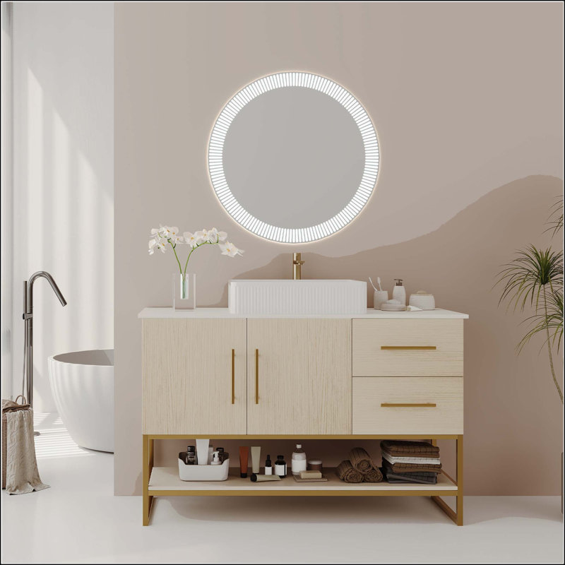 Meuble-lavabo moderne 36 po avec lavabo vasque en céramique, Forme rectangulaire, Chêne blanc Américain