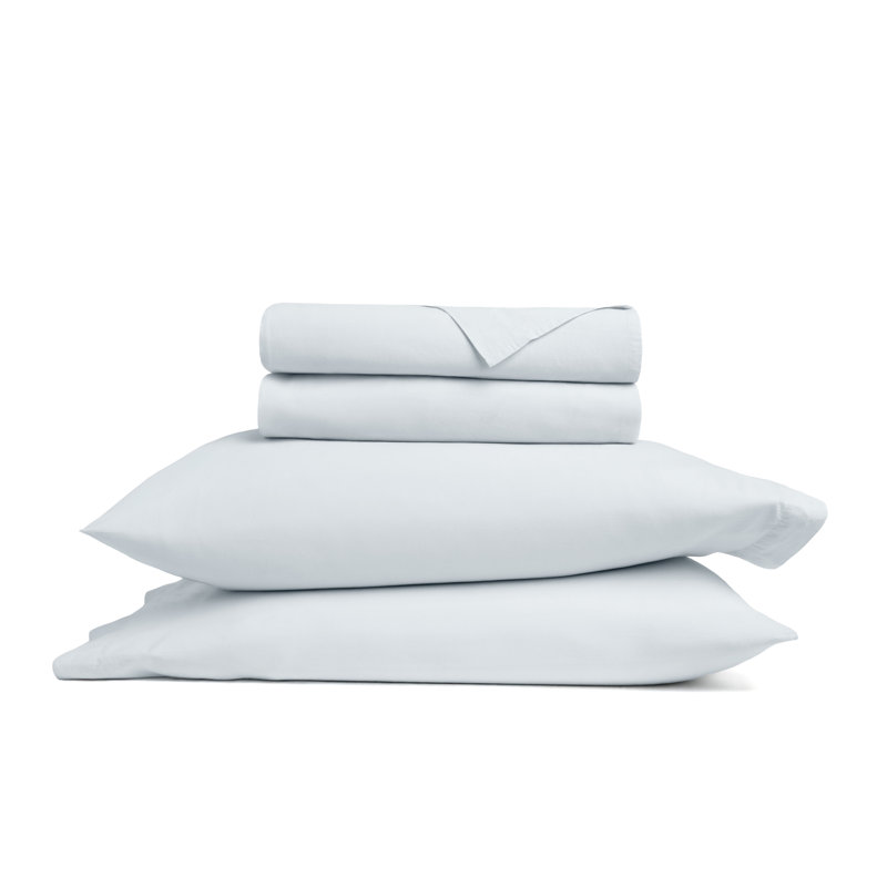 100% Cotton Percale Brushed & Washed 4 Piece Sheet Set, Queen Sheet Set with 2 Pillowcases, Blue Mist