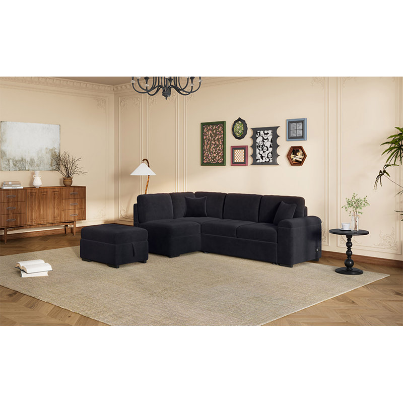 Sleeper Sectional Sofa, L-Shape Corner Couch Sofa-Bed With Storage Ottoman & Hidden Arm Storage & USB Charge  For Living Room Apartment