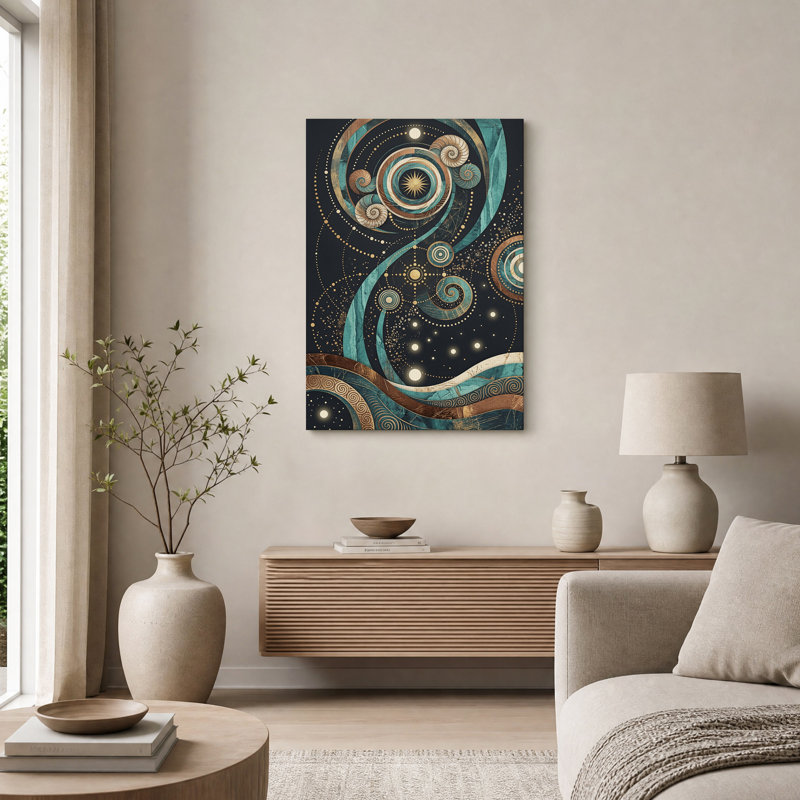 Tableau mural en toile spirale ammonite étoilée turquoise et or, 48"H x 32"W