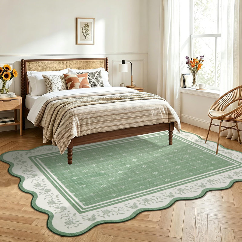 Tapis festonné lavable, tapis de salon, revêtement de sol, tapis d'appoint moderne à bordure, Green, 5*7