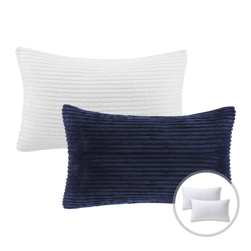 White and Navy Corduroy Velvet Square Throw Pillow Set