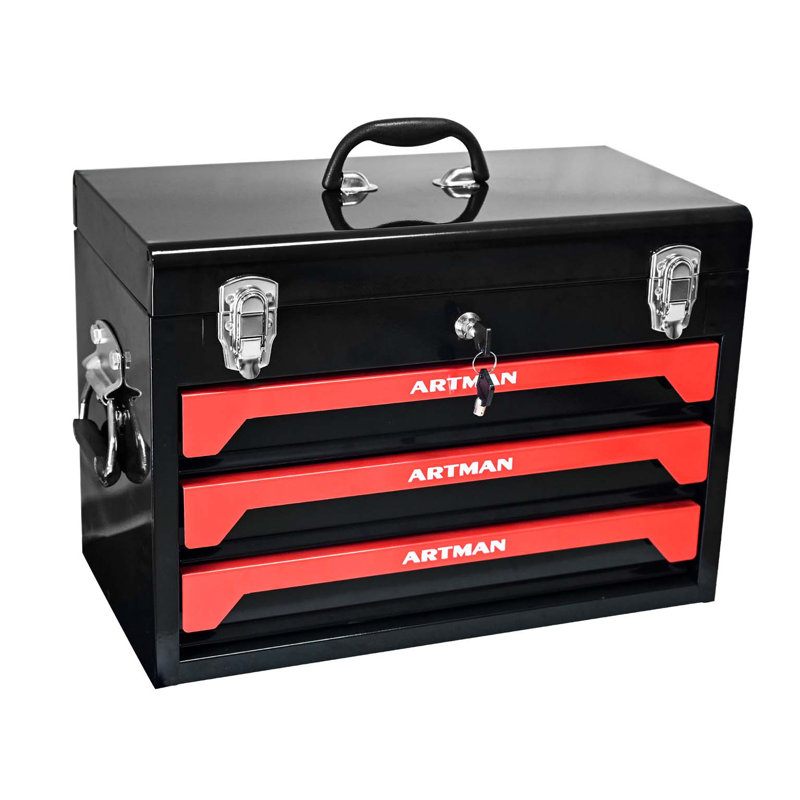 Boîte à outils 20 po à 3 tiroirs en acier, 4 couches d'outils avec loquets en métal, avec plateau de rangement supérieur et poignée de transport, rangement d'outils multifonctionnel pour le garage, la maison ou l'établi,