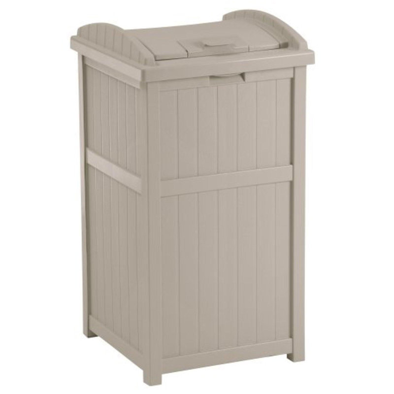 Beige and Brown Plastic Outdoor Trash Hideaway Set, 33 Gallon