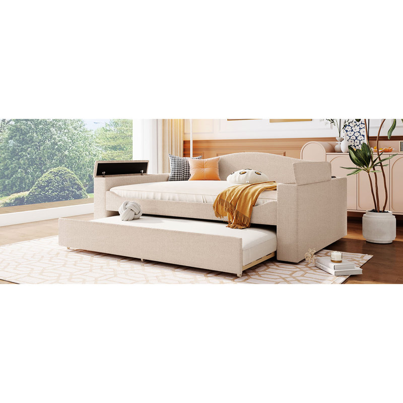 Lit de jour en molleton beige avec rangement pour accoudoirs et lit gigogne simple, pour des heures de vie confortables et rembourrées