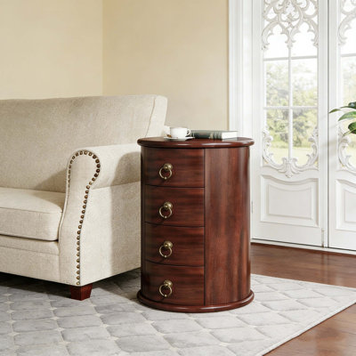 Wood Round Side Table With 4 Drawers