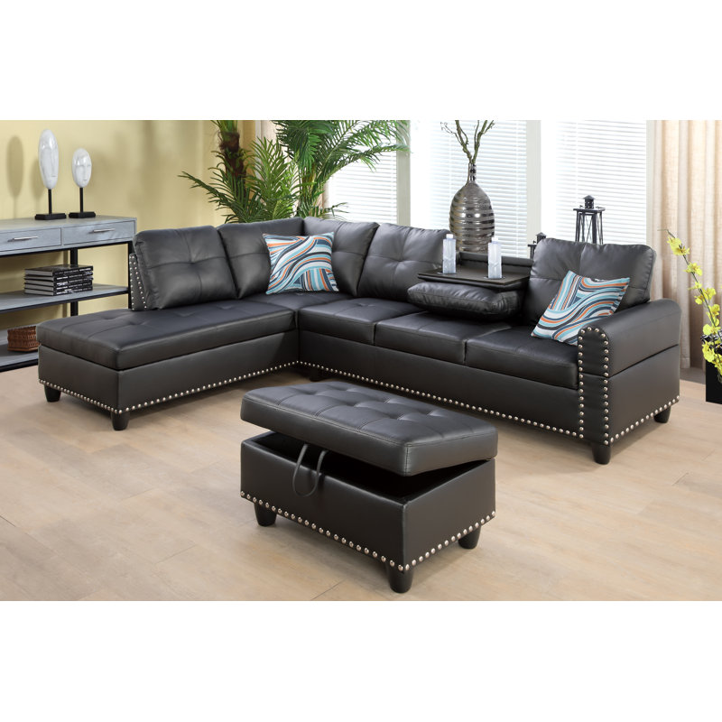 Plyler 97.2" Wide Modular Sectional with Ottoman, Black Faux Leather, Left Hand Facing