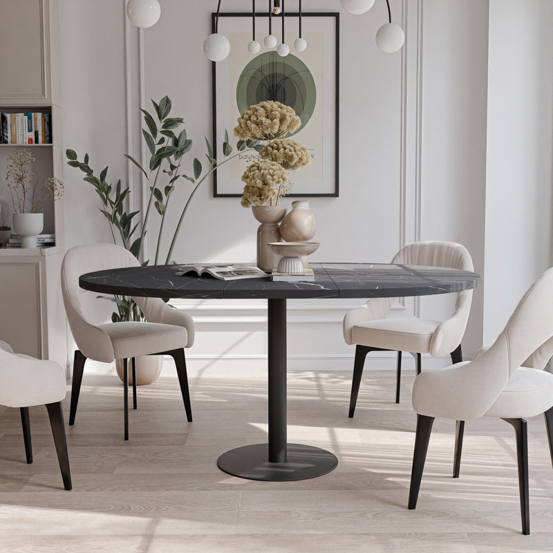 Extendable Round Dining Table, White, Grigia Pietra
