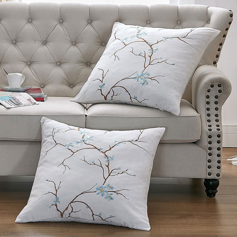 Cherry Blossom Embroidered Pillow Cover, Light Blue