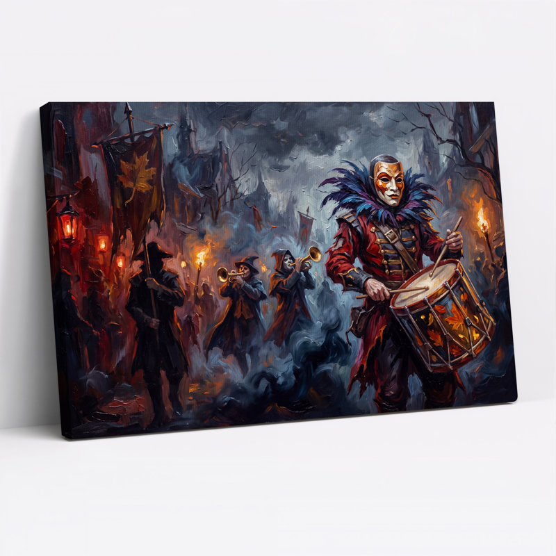 Tableau mural sur toile représentant un batteur masqué et des feuilles d'automne, idéal pour l'Halloween, H 32 po x l 48 po