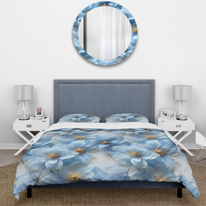 Literie à motif floral pétales bleus éthérés, Housse de couette pour très grand lit et 2 très