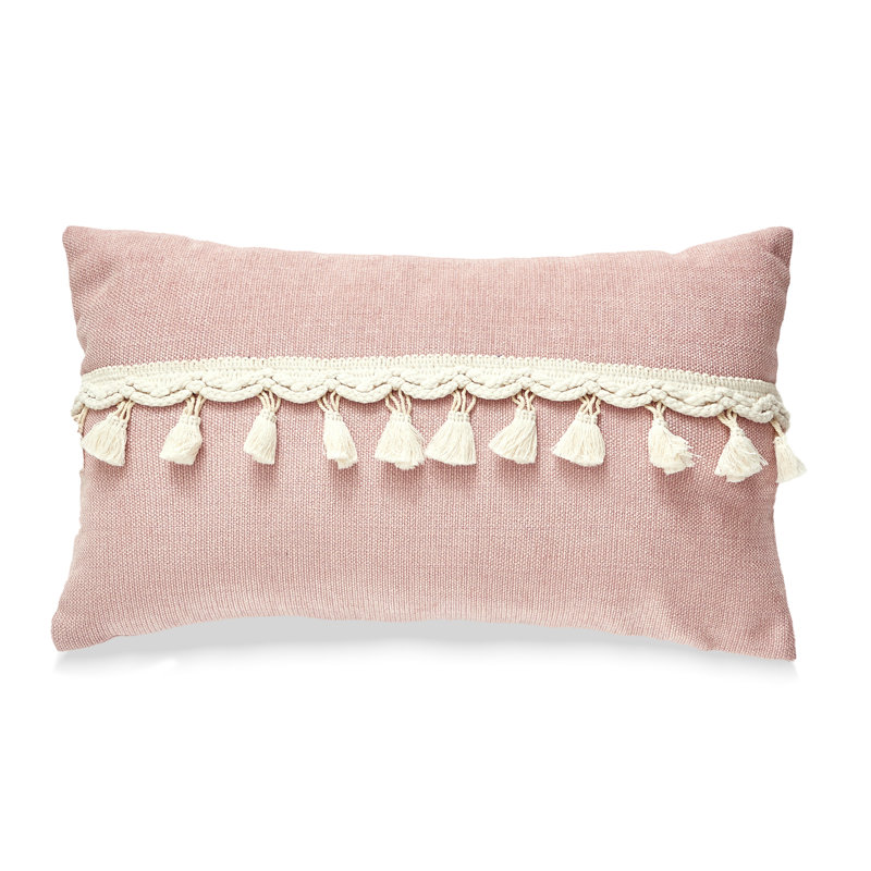 Tissu en chenille avec détails pompon et coussin en polyester, Rose, Plumes