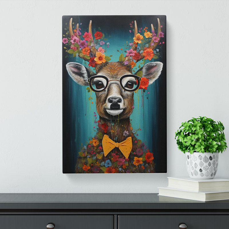 Deer With Glasses Painting - Wrapped Canvas, 60cm H x 40cm W x 3cm D