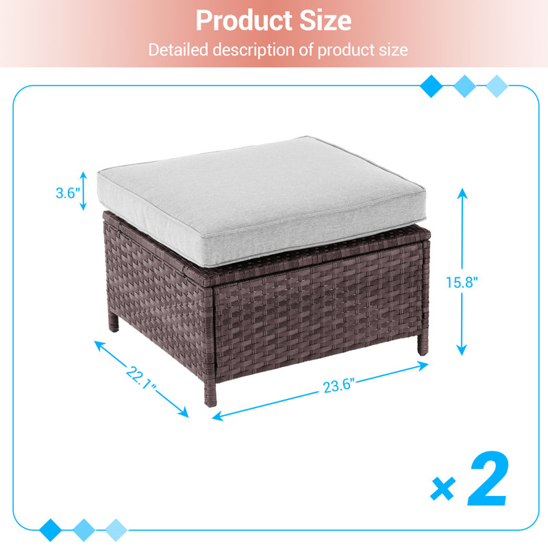 2 Pcs Patio Rattan Ottomans, Outdoor Wicker Ottomans w/Removable Cushion & Steel Frame, Light Gray