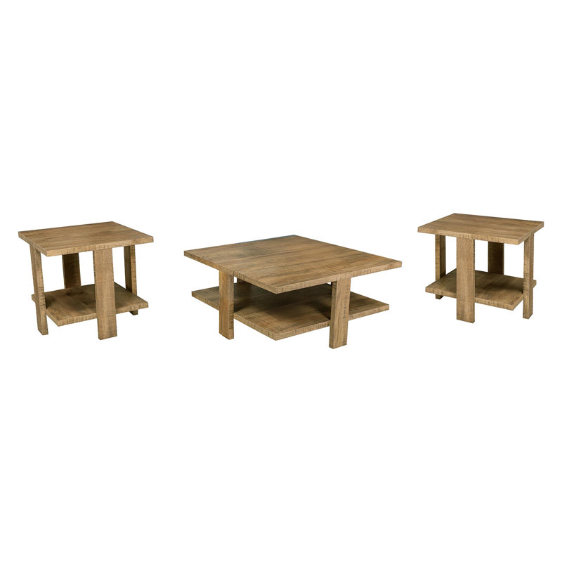 Ensemble de 3 tables basses et tables de bout en bois avec tablette ouverte brun manguier