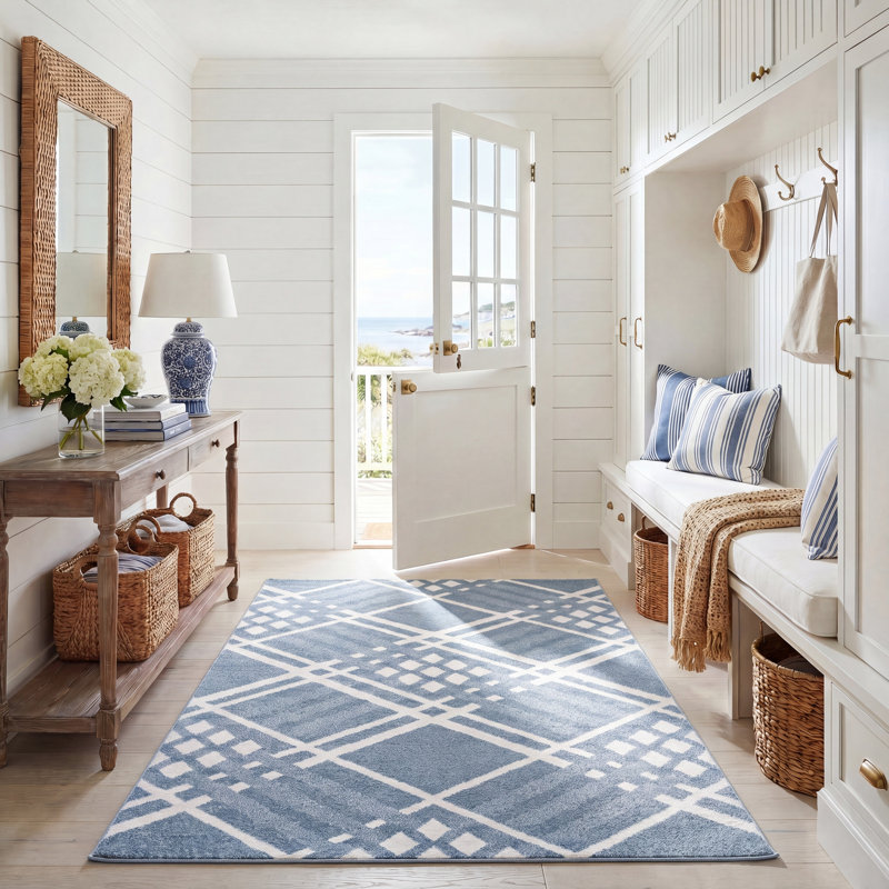 Tapis lavable Blair 228 bleu / ivoire, Rectangle 5 pi 3 po x 7 pi 6 po