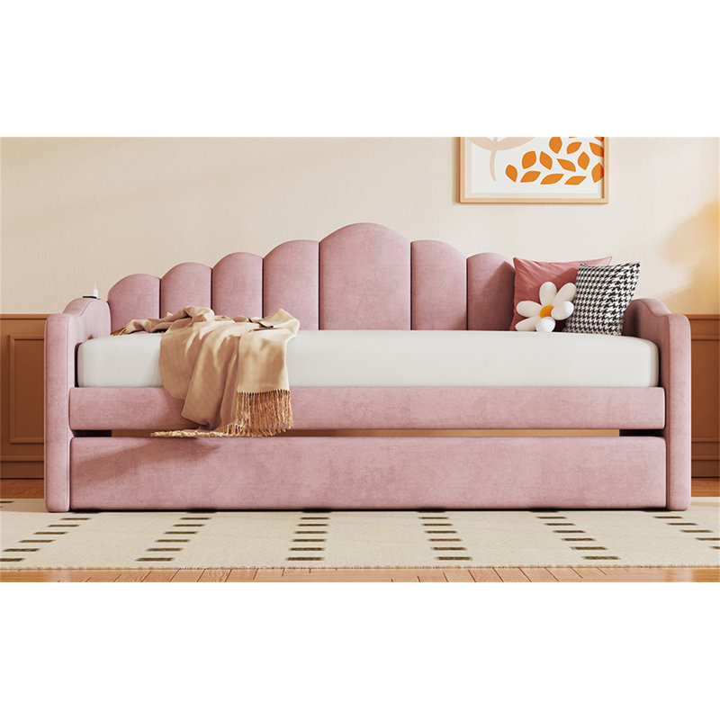 Twin Size Upholstered Daybed With Trundle, Pink