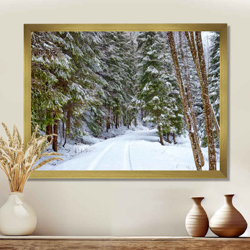 «Winter Forest», reproduction d'art sur toile, route enneigée dans la forêt, H 34 po x l 44 po, Avec cadre, Doré