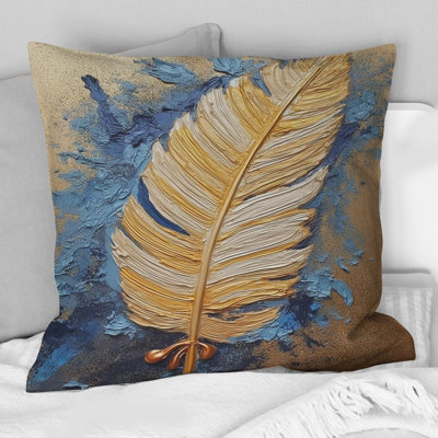 Boho Glam exquis or sur plume bleue, peinture - coussin décoratif imprimé de plumes