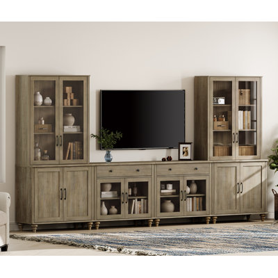 Farmhouse Entertainment Center with Bookshelves for TVs up to 75", Wall Unit TV Stand with Glass Doors & Drawers, Media Console Table for Living Room, Bedroom & Home Theater, Wash Gray