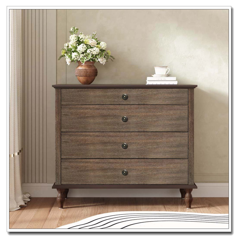 Large 4-Drawer Chest with Solid Wood Foot, Deep Rustic Brown
