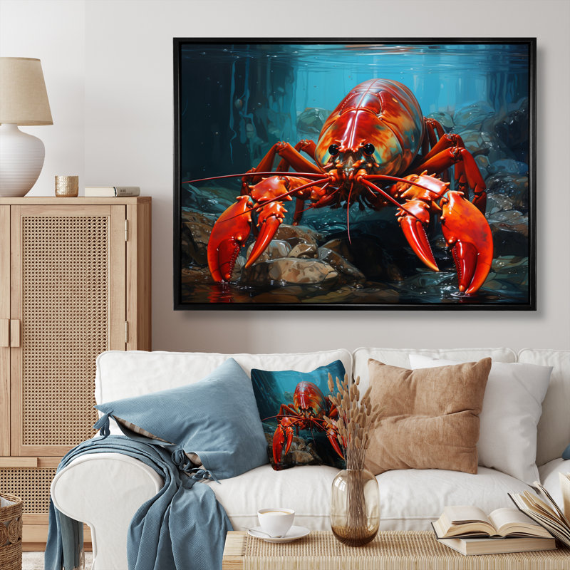 Red Lobster Under Warter, reproduction d'art sur toile, Cadre flottant noir, H 30 po x l 40 po x P 1,5 po