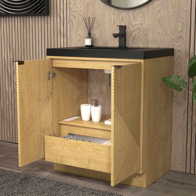 Meuble-lavabo autoportant 29,5 po Monterey + lavabo en acrylique noir renforcé, Chêne