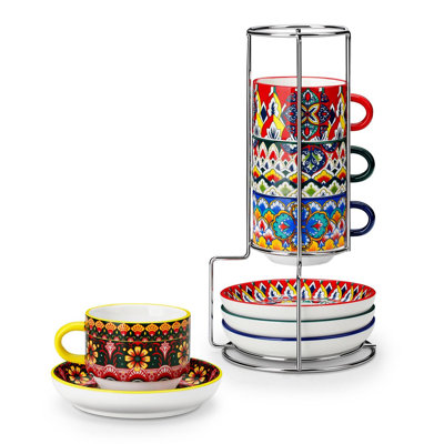 vancasso Bohemian Ceramic Espresso Cup and Saucer Set with Stainless Steel Rack, 4 Assorted Floral Patterns, 5 oz Coffee Cup Set, Microwave & Dishwasher Safe